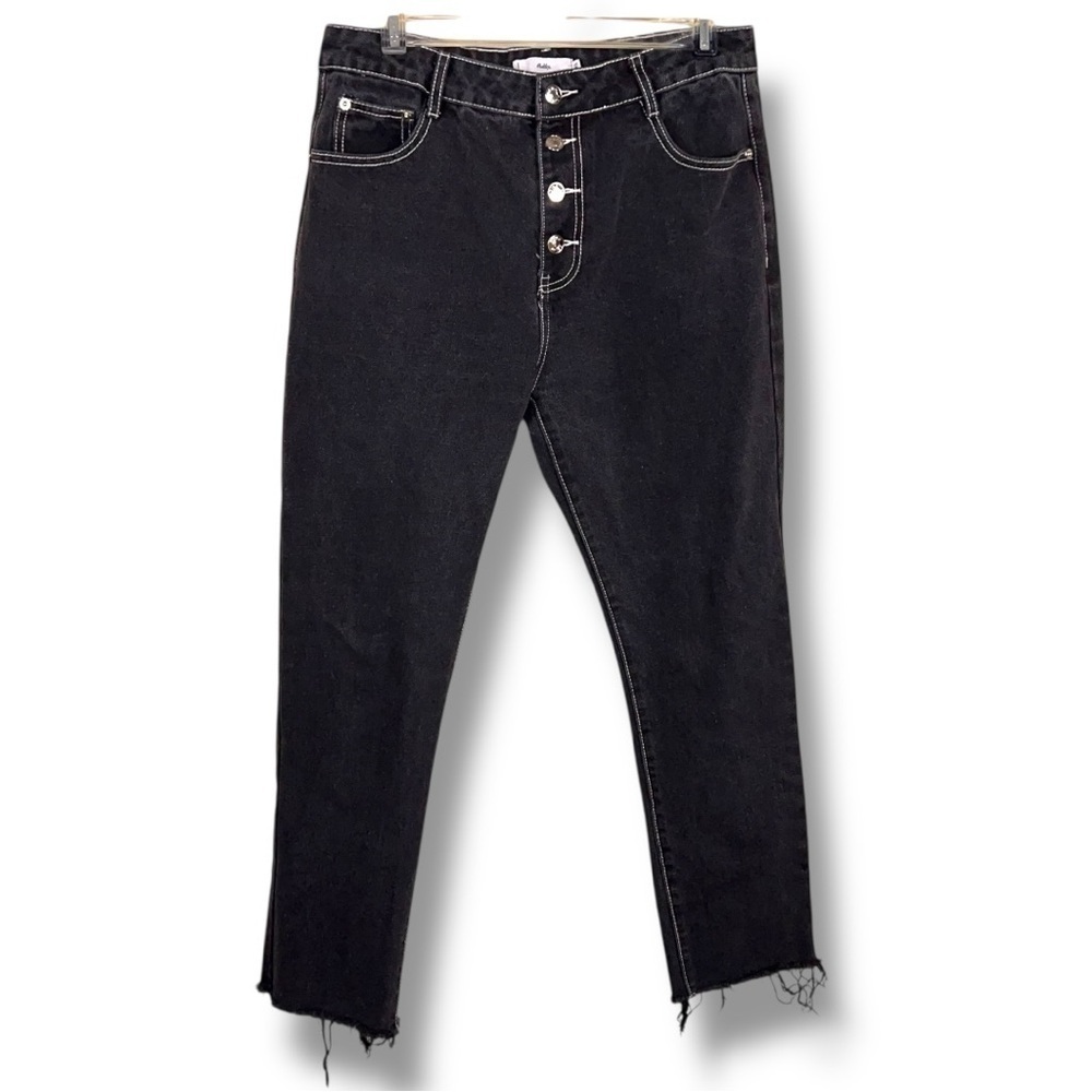 XL Fitted Adika Black/Dark Grey Jeans White Stitch Accent Frayed Stretch Goth